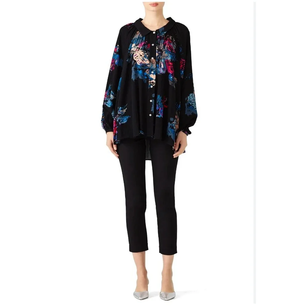 Free People Womens Floral Meadow Lark Blouse Long Sleeve‎ Top Oversized Size XS